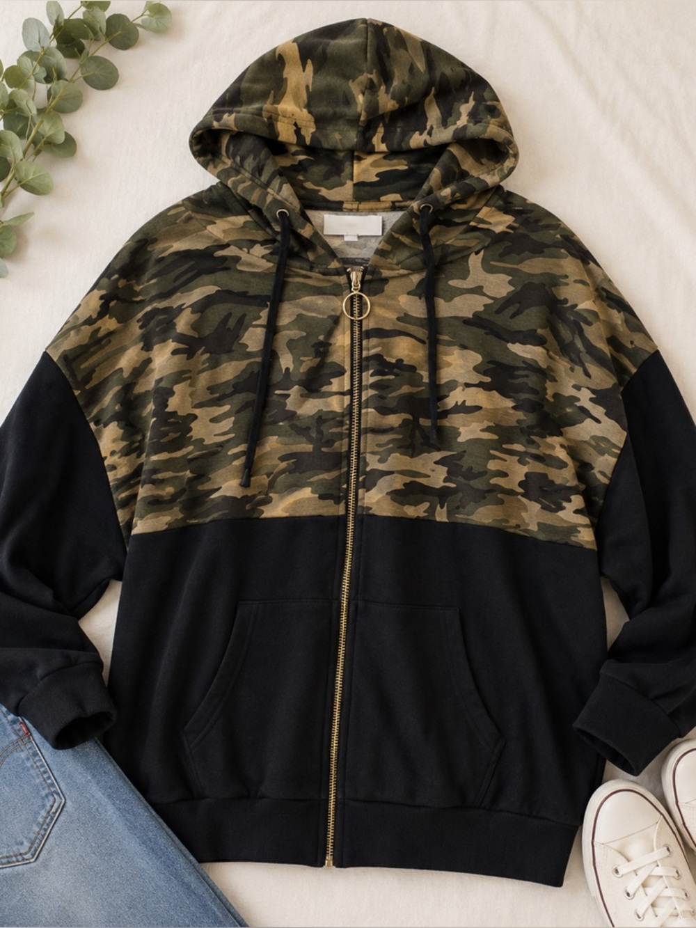 Camo Colorblock Zip Up Hoodie Size 2XL